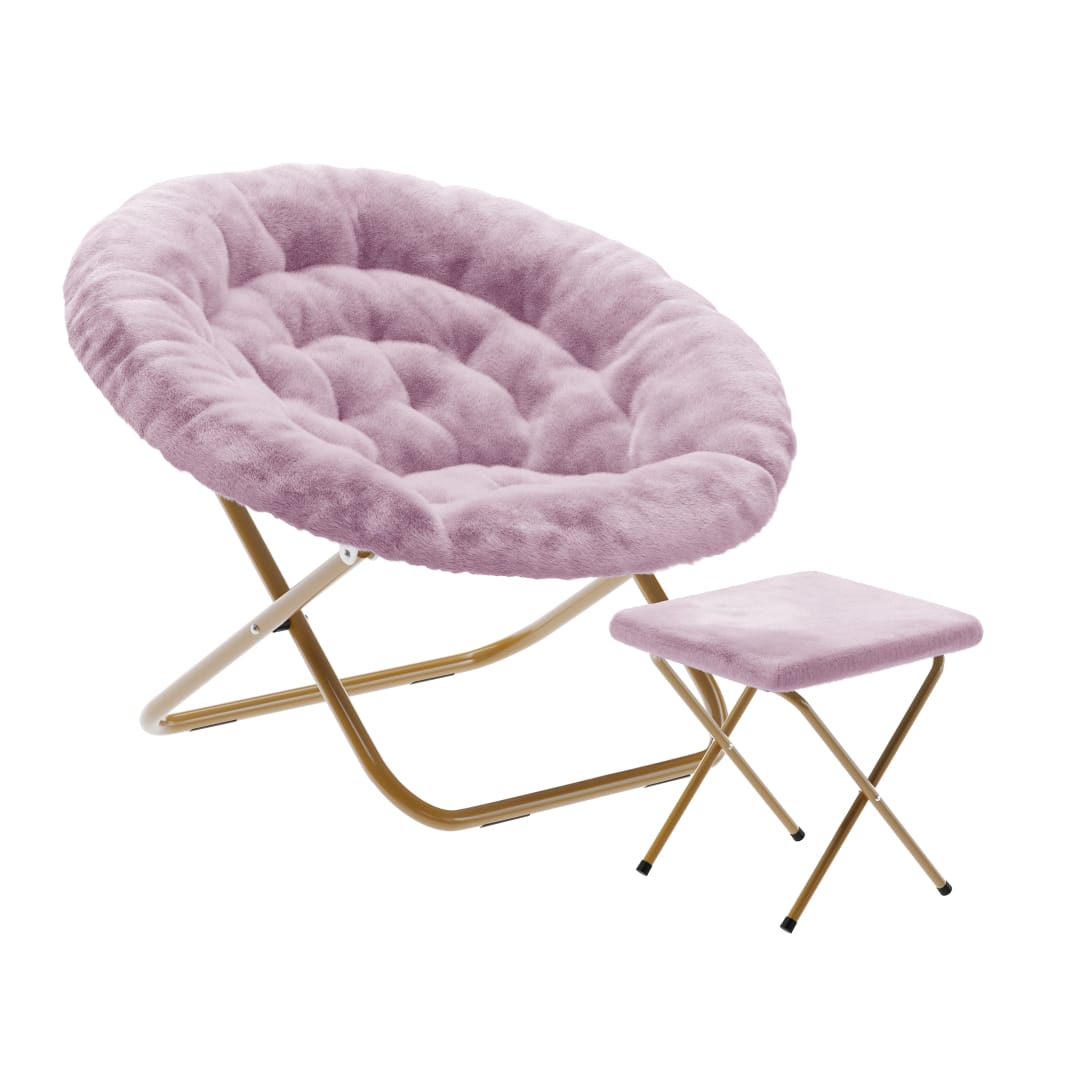 Gwen 38" Oversize Portable Faux Fur Folding Saucer Moon Chair with Folding Ottoman for Dorm and Bedroom, Dusty Purple Faux Fur/Soft Gold Frame