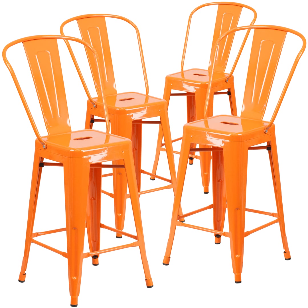 Lily Commercial Grade 4 Pack 24" High Orange Metal Indoor-Outdoor Counter Height Stool with Removable Back