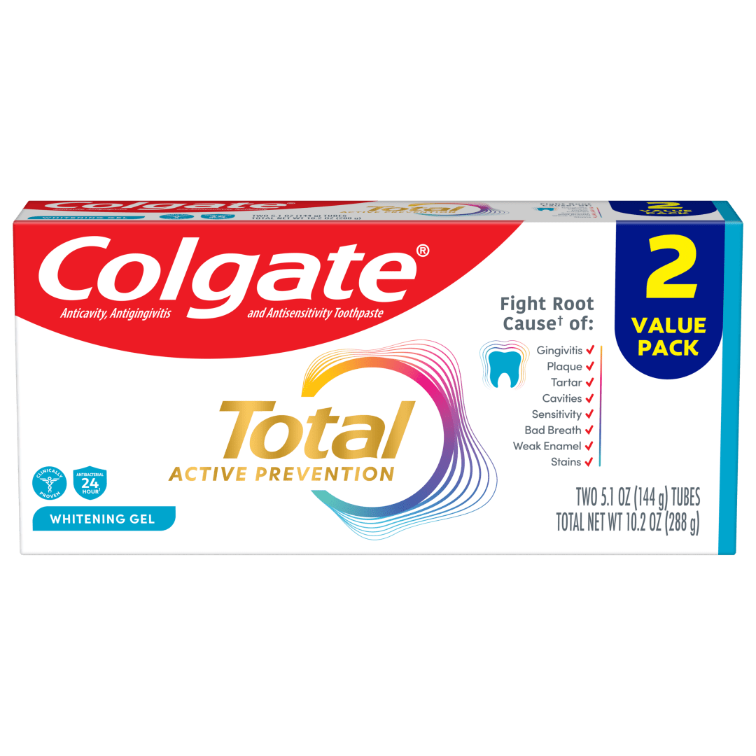 Colgate Total Active Prevention Whitening Gel Toothpaste, Mint, 2 Pack, 5.1 oz