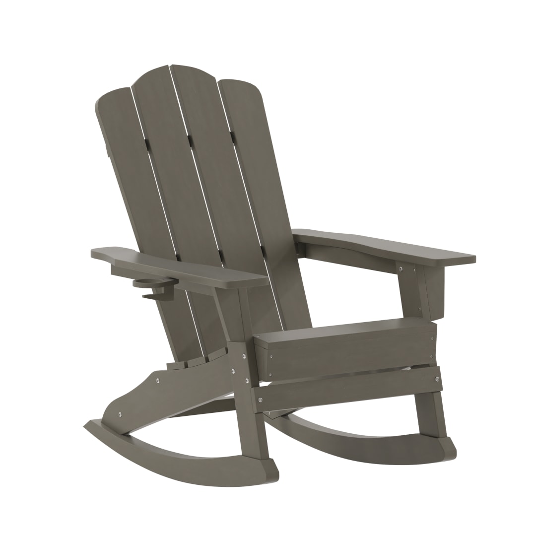 Newport Adirondack Rocking Chair with Cup Holder, Weather Resistant HDPE Adirondack Rocking Chair in Brown