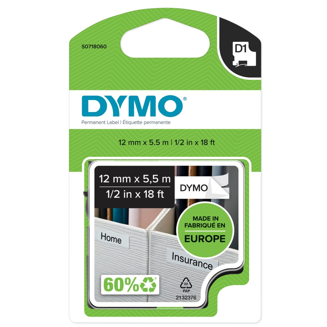 DYMO® D1 Labels for DYMO® LabelManager Label Makers, Black-On-White Permanent Plastic Tape, 1/2-Inch x 18-Foot Roll