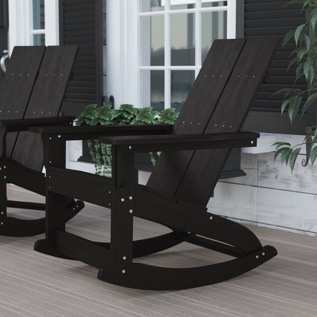 Finn Modern Commercial Grade All-Weather 2-Slat Poly Resin Wood Rocking Adirondack Chair with Rust Resistant Stainless Steel Hardware in Black