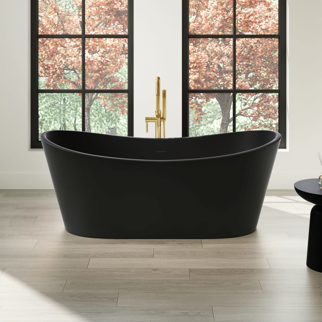 OVE Herschel 60 in. Freestanding Matte Black Bathtub Kit, Including an extra Brushed Gold Pop-up Drain Cap