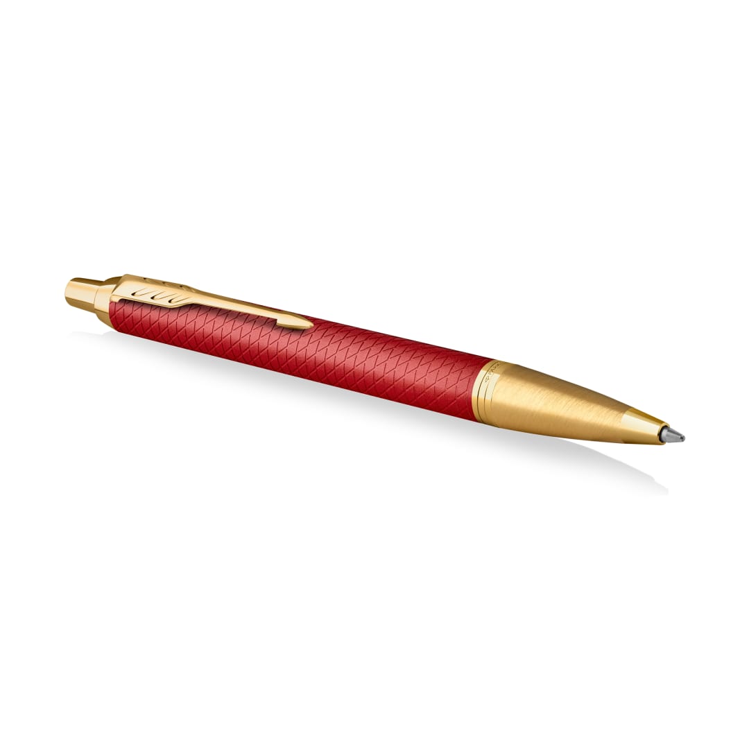 Parker IM bolígrafo | Lacado en rojo Premium con adornos dorados | Punta mediana con recambio de tinta azul | Estuche de regalo
