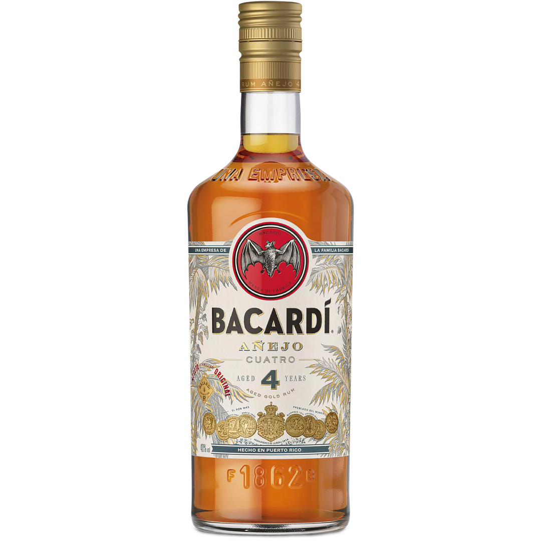 Bacardi Anejo Cuatro Aged Gold Rum, Gluten Free 40% 1L