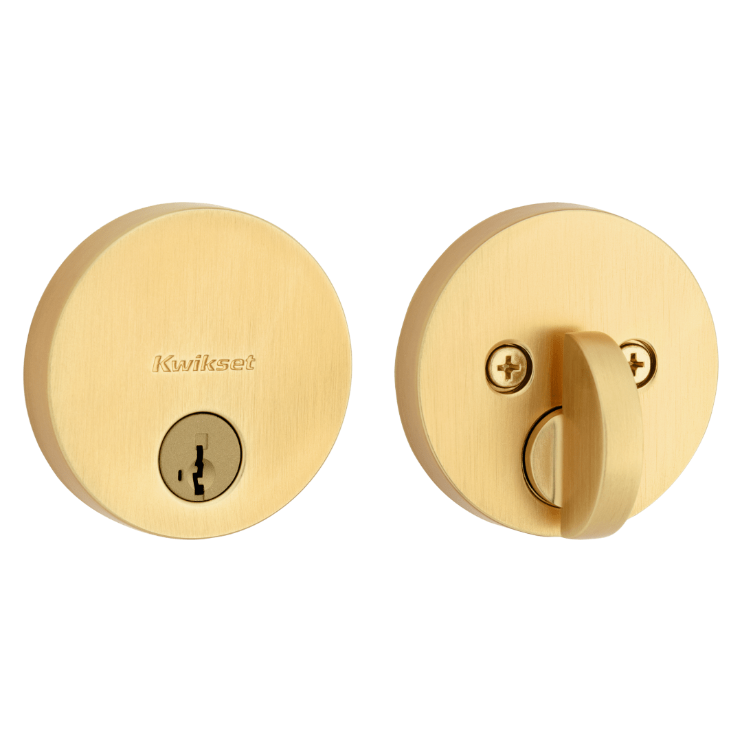 Uptown Single Cylinder Deadbolt in Satin Brass featuring SmartKey Security