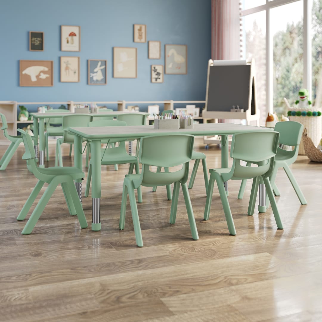 Emmy 7-Piece Kids Height Adjustable Activity Table Set, 47.25" x 23.5" Light Gray Woodgrain Laminate Top, Sage Frame, 6 Sage Chairs