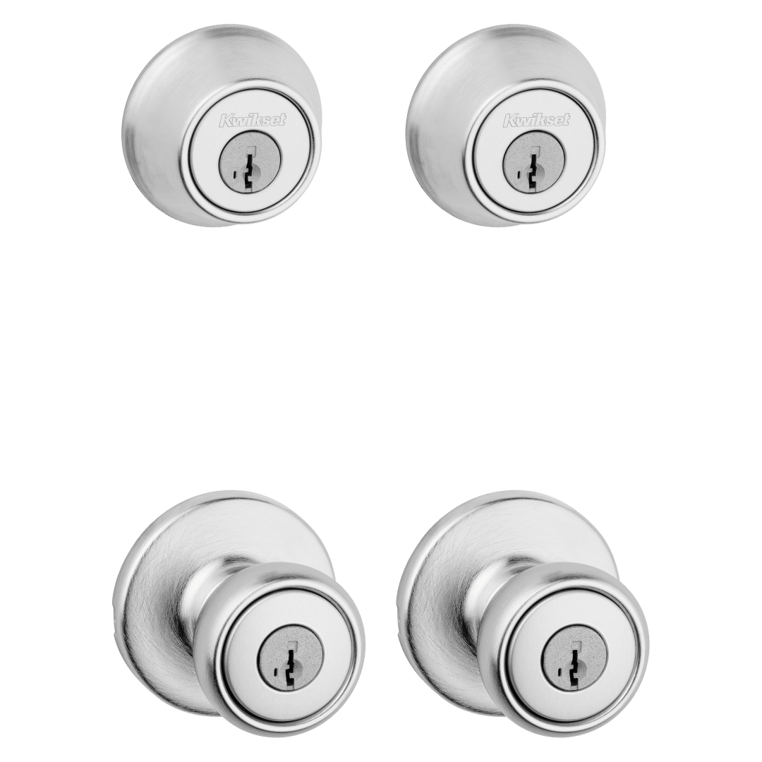 242 Tylo Keyed Entry Knob and Single Cylinder Deadbolt Project Pack featuring SmartKey Security™ in Satin Chrome