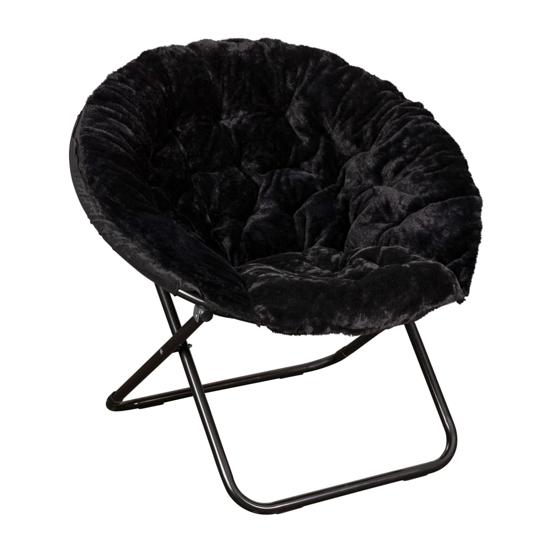 Gwen 38" Oversize Portable Faux Fur Folding Saucer Moon Chair for Dorm and Bedroom, Black Faux Fur/Black Frame