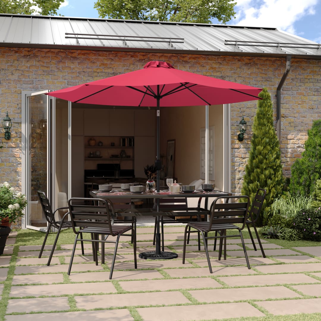 Montego Commercial Grade 9 FT Round Umbrella with 32 Solar LED Lights and Crank and Tilt Functionality in Red