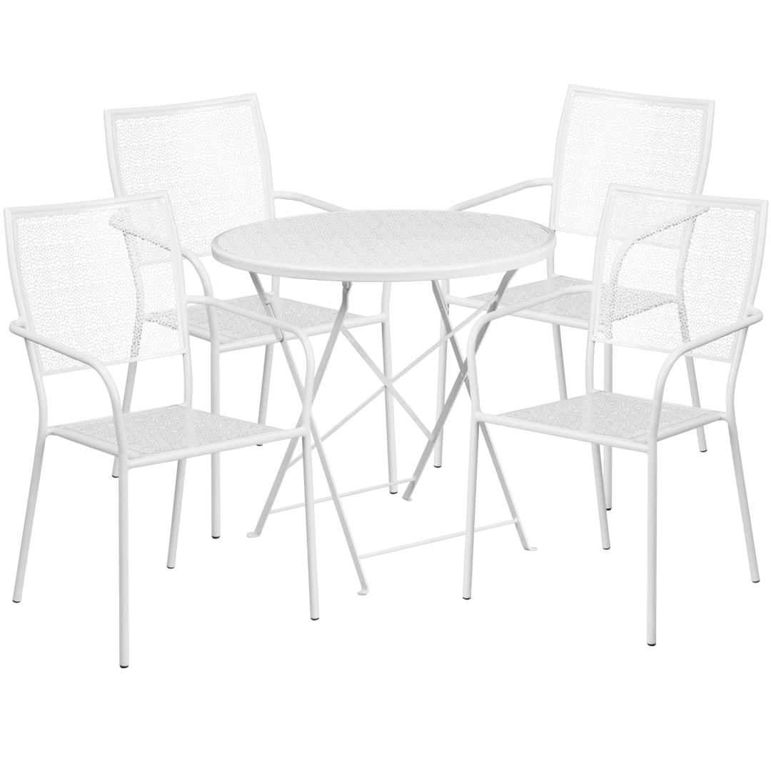 Oia Commercial Grade 30" Round White Indoor-Outdoor Steel Folding Patio Table Set with 4 Square Back Chairs