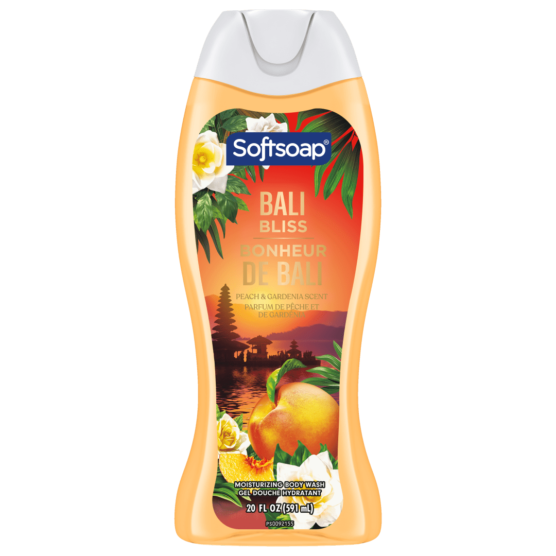 Gel douche hydratant Softsoap Bonheur de Bali, pH équilibré, sans parabènes, nettoyant corporel et gel douche, parfum de pêche et de gardénia, bouteille de 591 ml