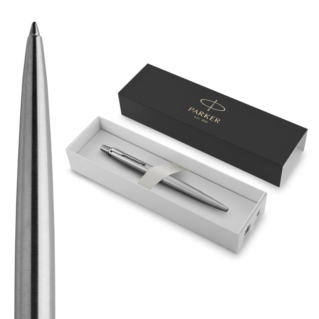 Parker Jotter Ballpoint Pen | Stainless Steel with Chrome Trim | Medium Point Blue Ink | Gift Box
