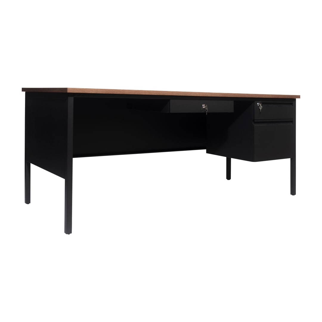 Cambridge Commercial Grade 30x70 Right Side Single Pedestal Desk with 3 Locking Drawers, Walnut Top and Black Frame