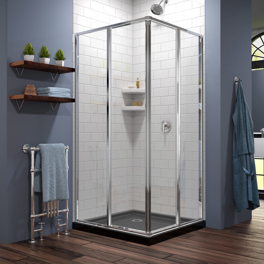 DreamLine Cornerview 42 inch D x 42 inch W x 74 3/4 inch H Framed Sliding Shower Enclosure in Chrome with Black Shower Base Kit