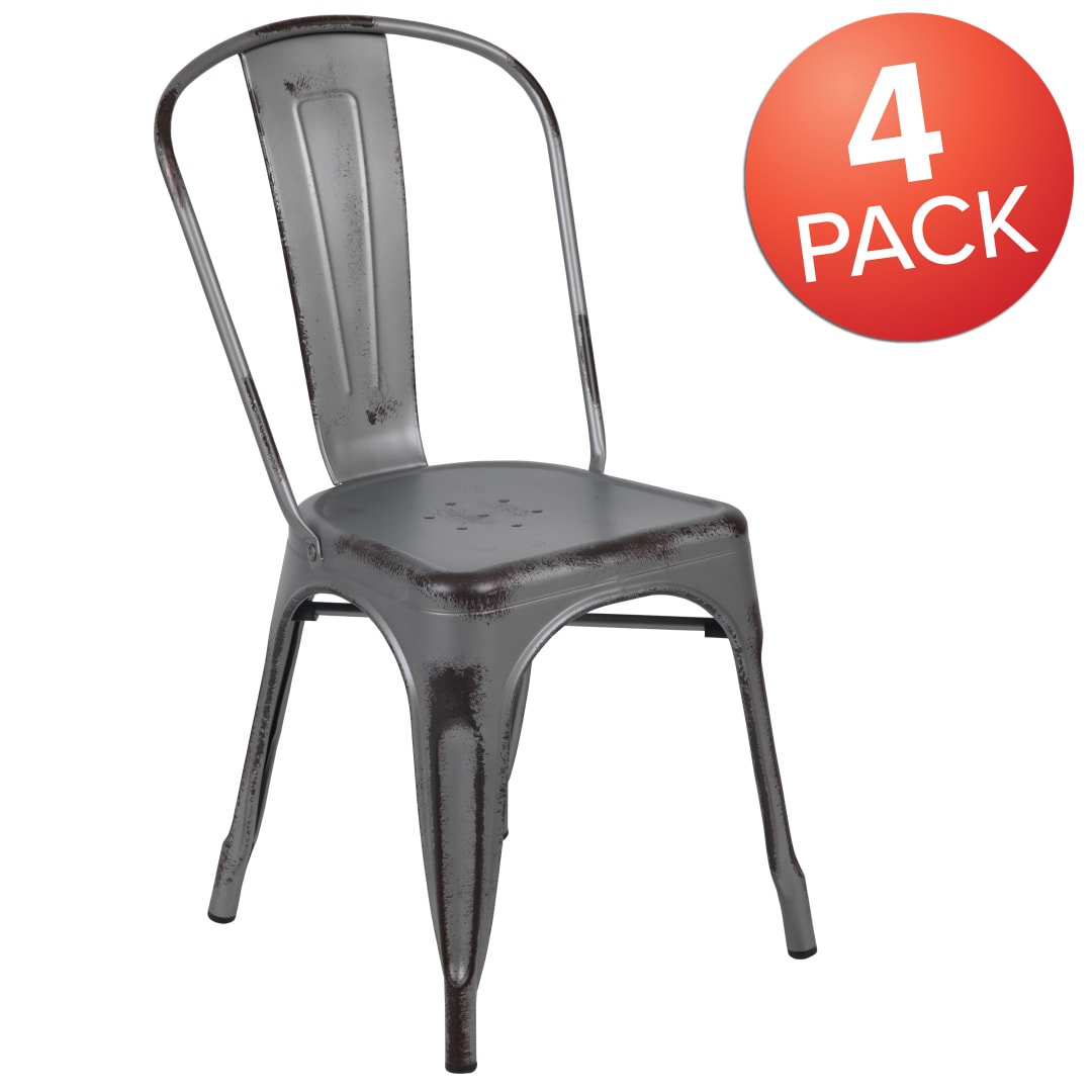 Blake Commercial Grade 4 Pack Distressed Silver Gray Metal Indoor-Outdoor Stackable Chair