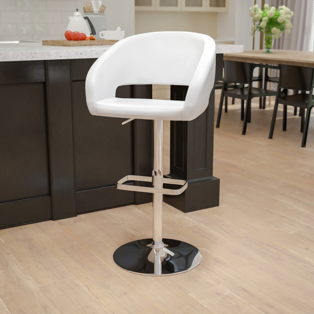 Erik Contemporary White Vinyl Adjustable Height Barstool with Rounded Mid-Back and Chrome Base