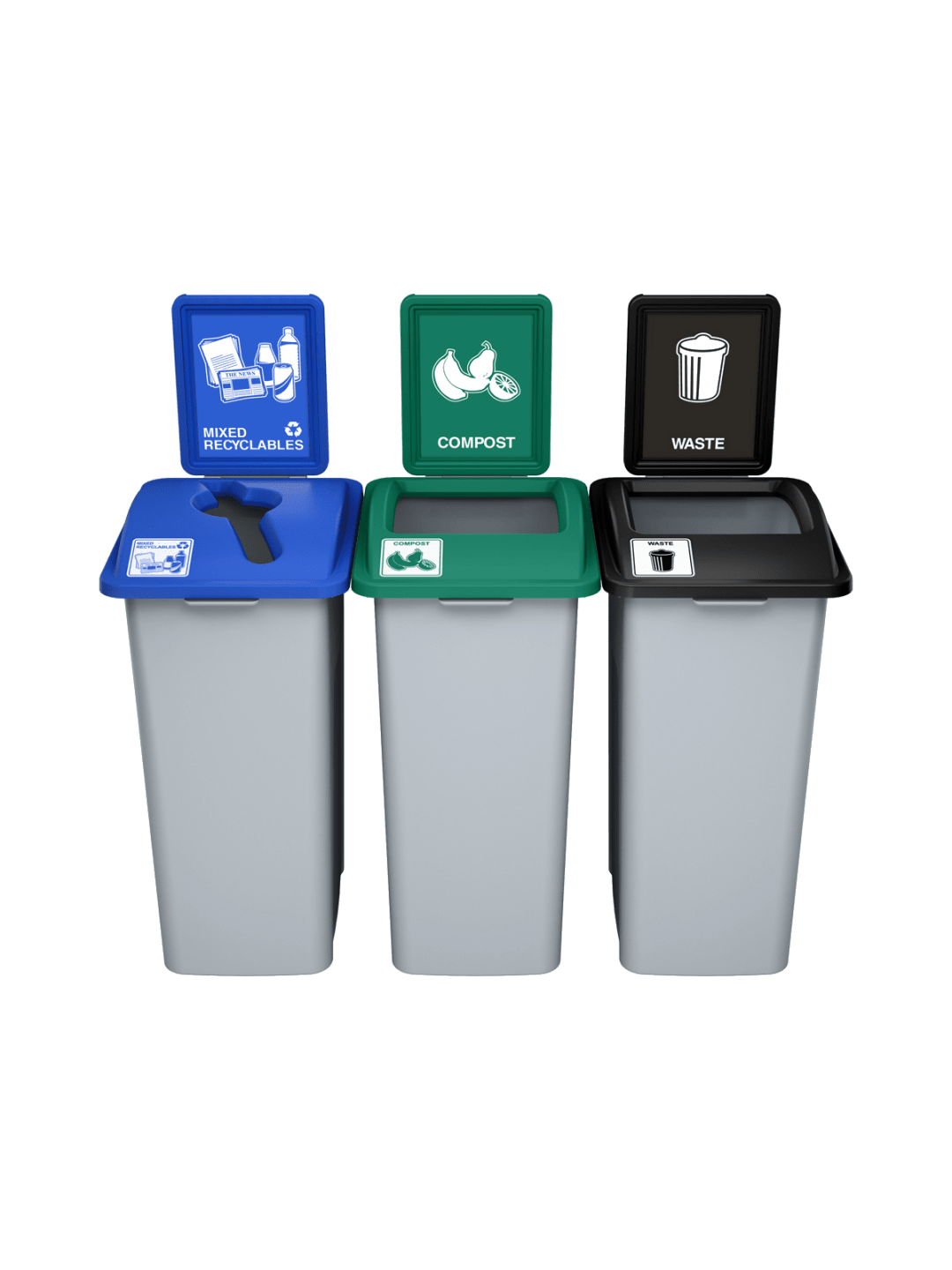 WASTE WATCHER - Triple - Kit - Xl - Mixed Recyclables-Compost-Waste - Mixed-Full - Grey-Blue-Green-Black