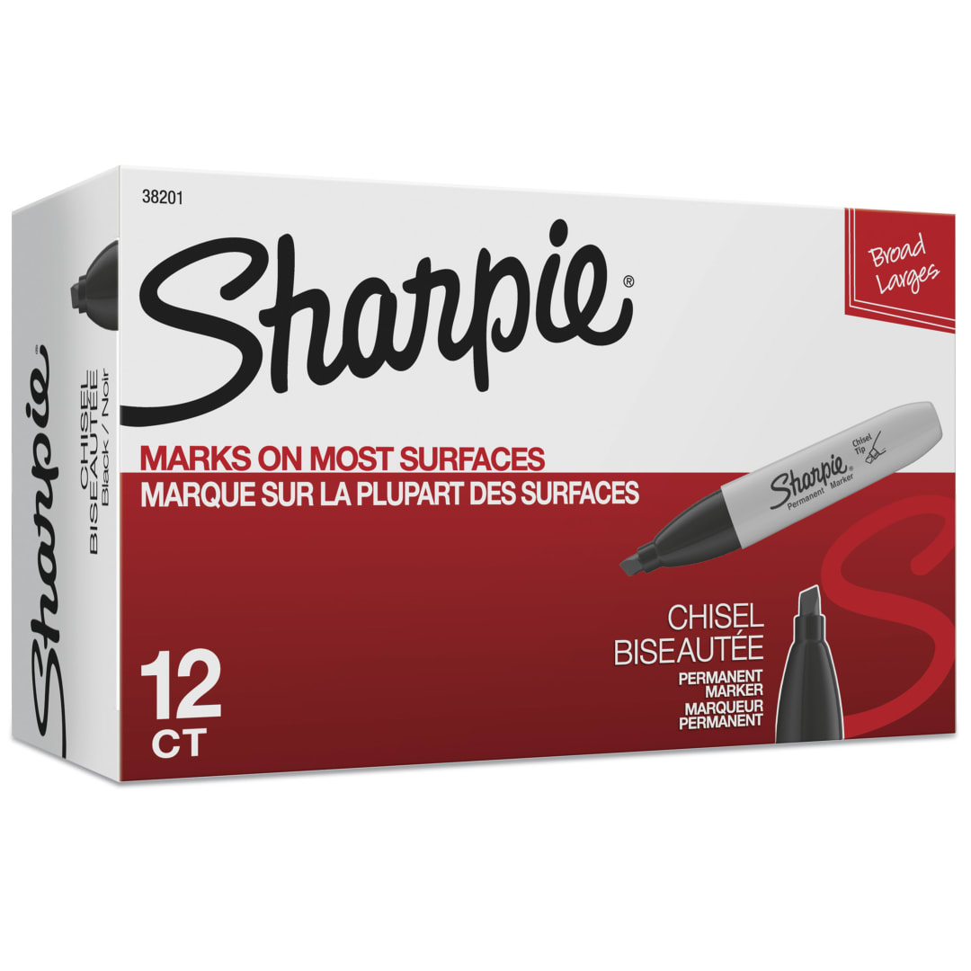 Sharpie® Permanent Markers, Chisel Tip, Black, 12 Count