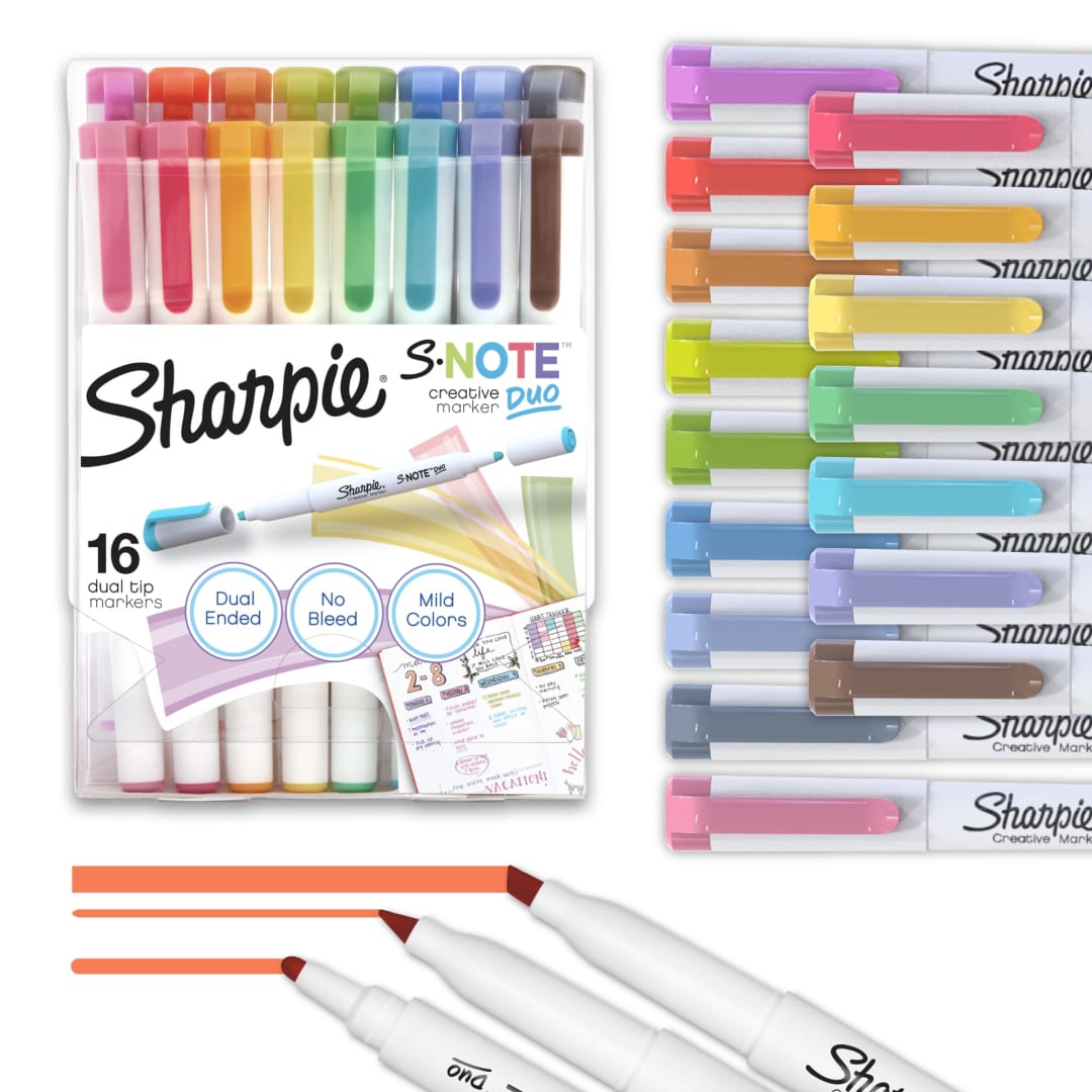 Sharpie S-Note Duo Dual-Ended Creative Markers, Part Highlighter, Part Art Marker, Assorted Colors, Fine and Chisel Tips, Includes Stand-up Easel, 16 Count