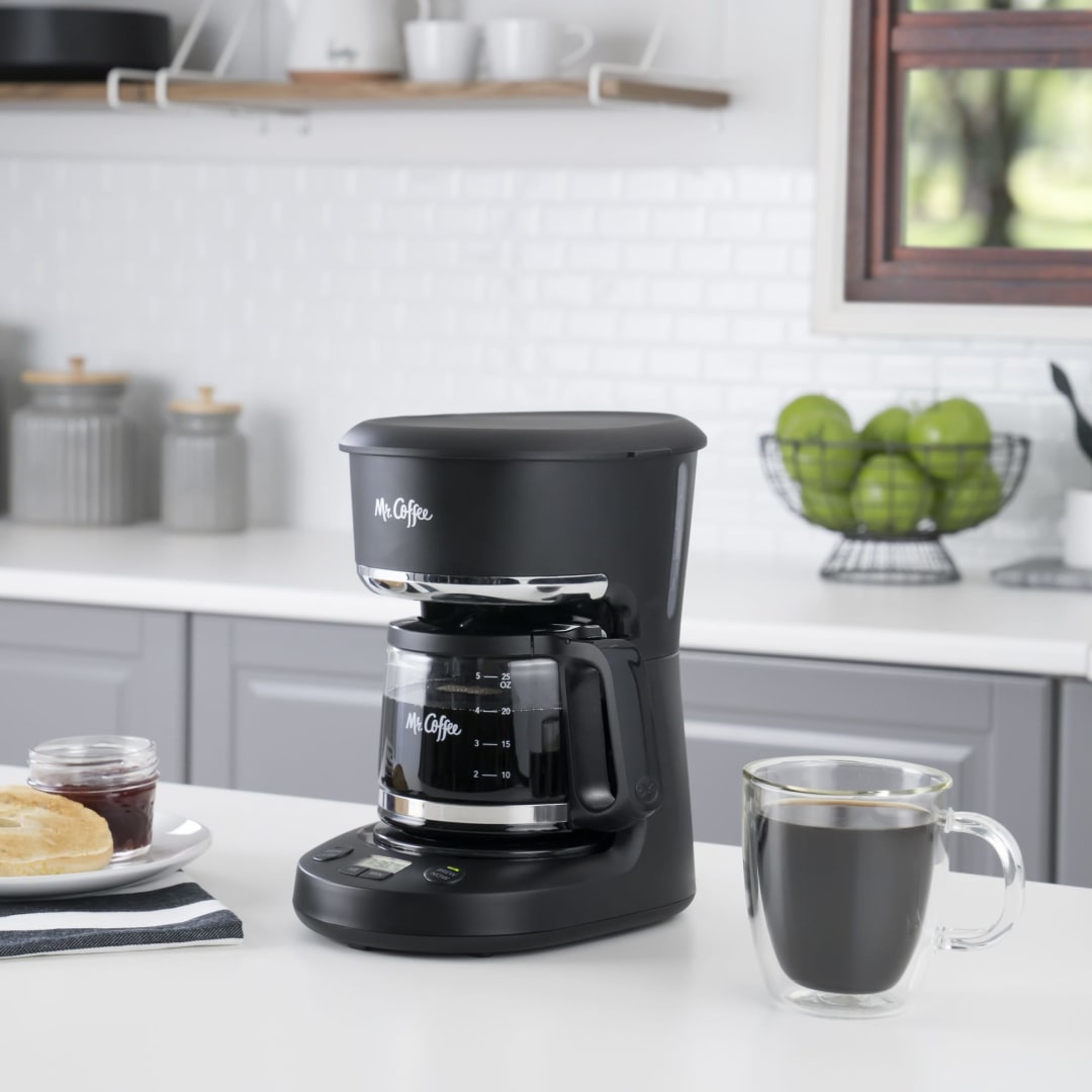 Mr. Coffee Programmable Coffee Maker 5 Cups with Auto Pause Glass Carafe Compact Design Black
