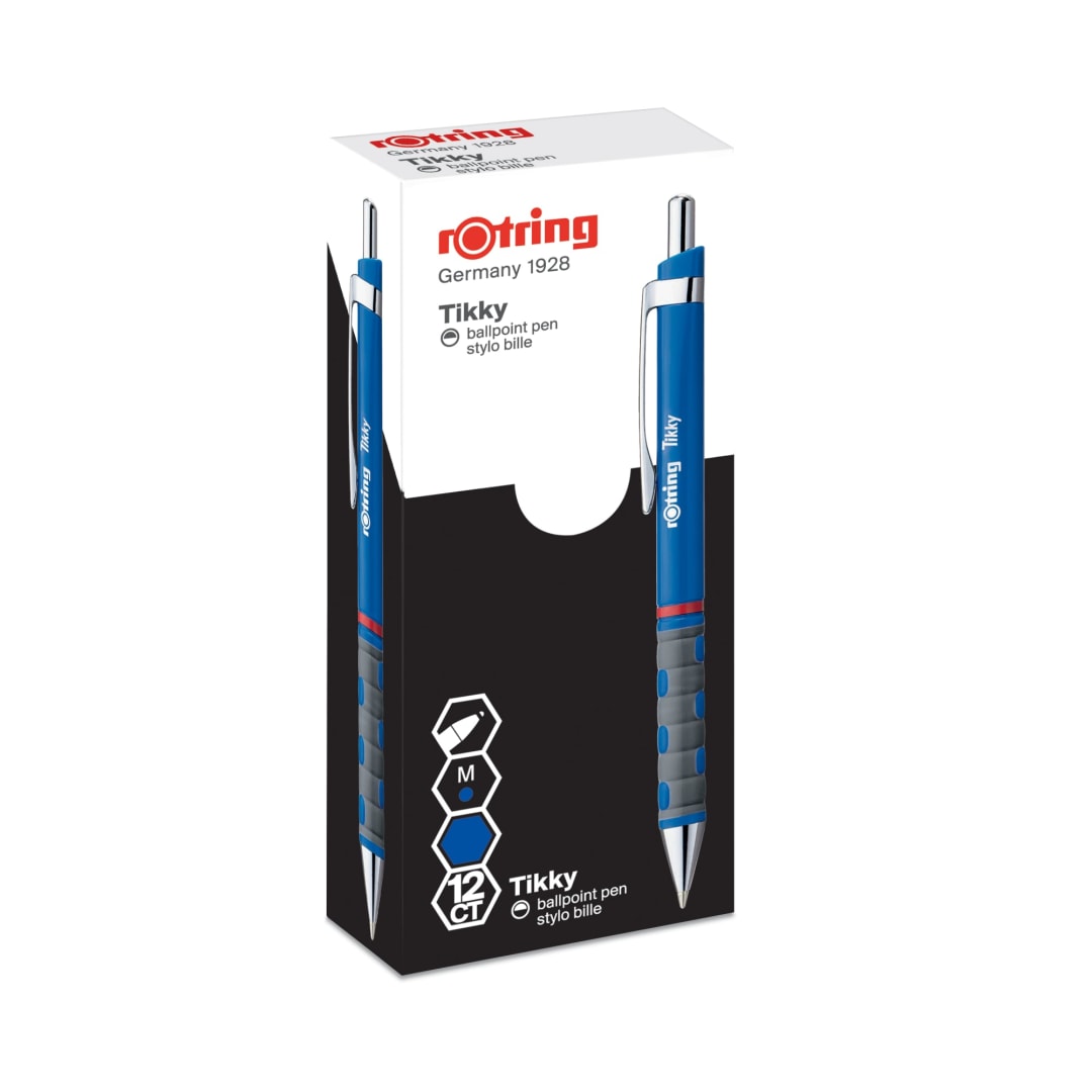 rOtring Tikky Ballpoint Pens | Blue Ink | Medium Point (1.0mm) | Blue Barrel | Lightweight with Rubberised Grip | Box of 12