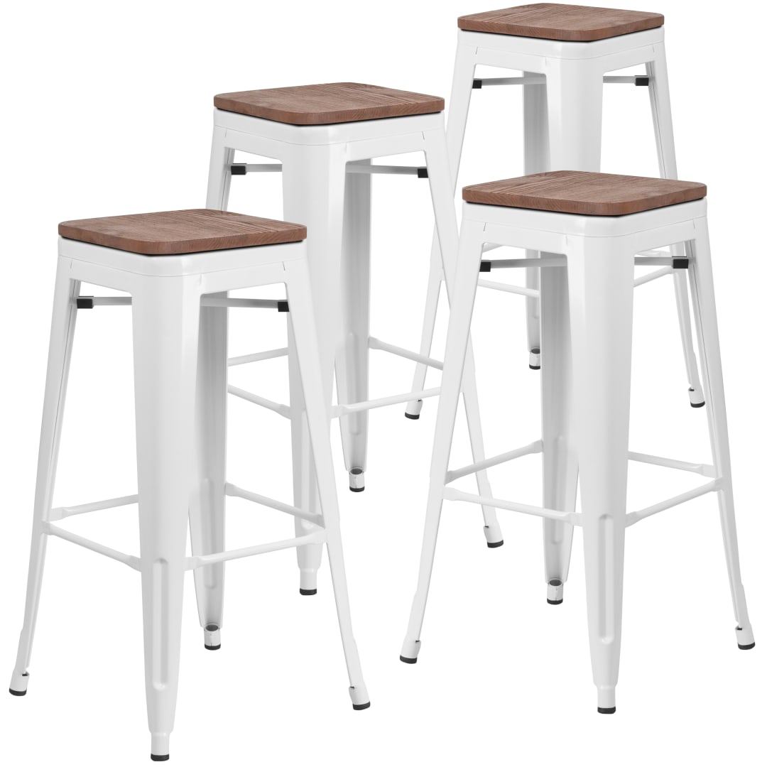 Lily 4 Pack 30" High Backless White Metal Barstool with Square Wood Seat