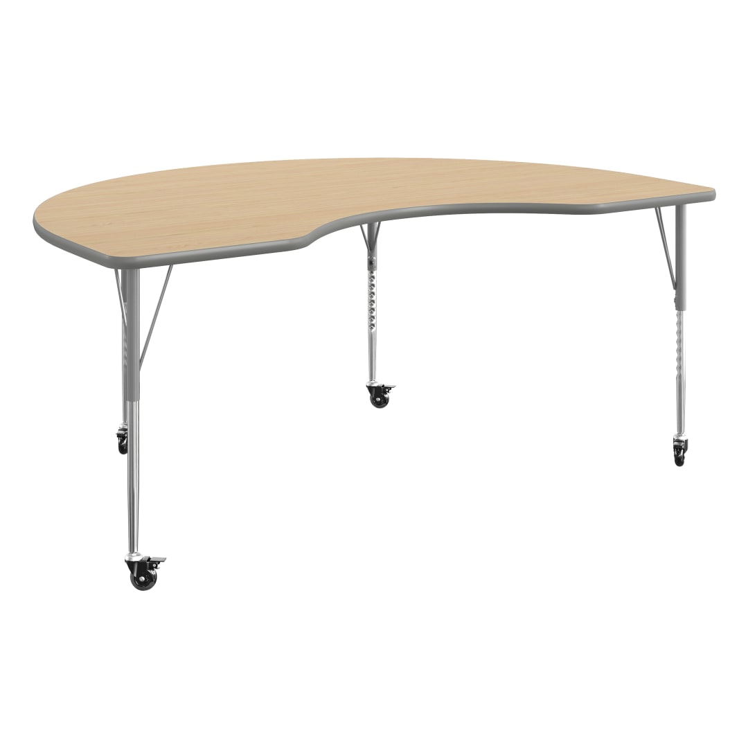Wren 72" x 48" Kidney Adjustable Height Activity Table, Thermal Laminate Top, Standard Legs with Locking Casters, Light Natural