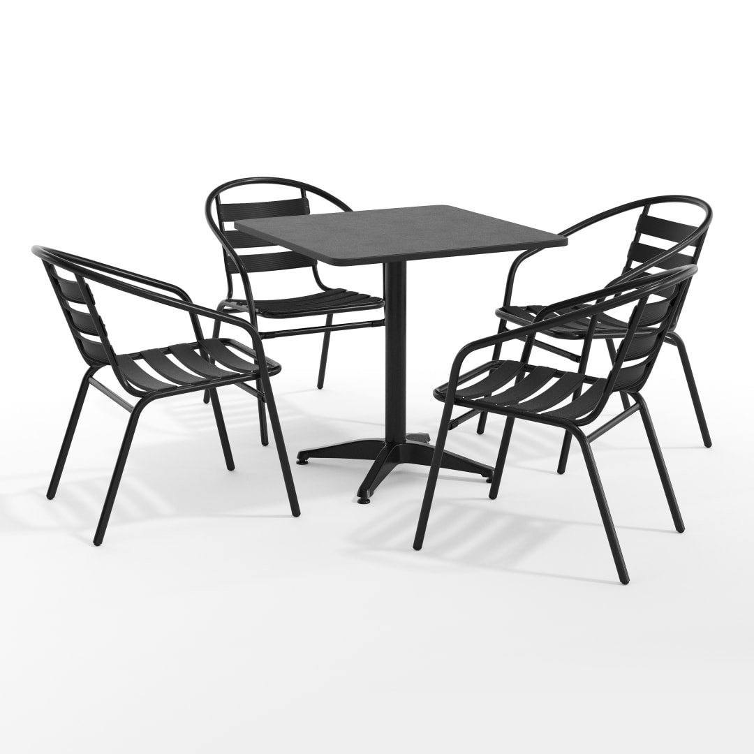 Lila 27.5'' Black Square Aluminum Indoor-Outdoor Table Set with 4 Black Slat Back Chairs