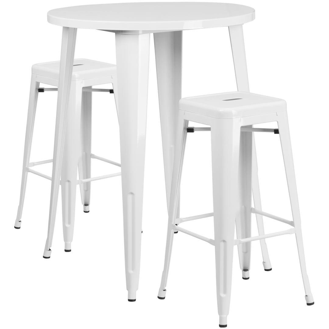 Boyd Commercial Grade 30" Round White Metal Indoor-Outdoor Bar Table Set with 2 Square Seat Backless Stools