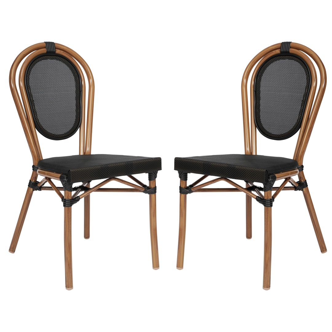 2 Pack Marseille Indoor/Outdoor Commercial Thonet Bistro Stacking Chair, Black Textilene and Bamboo Print Aluminum Frame in Natural