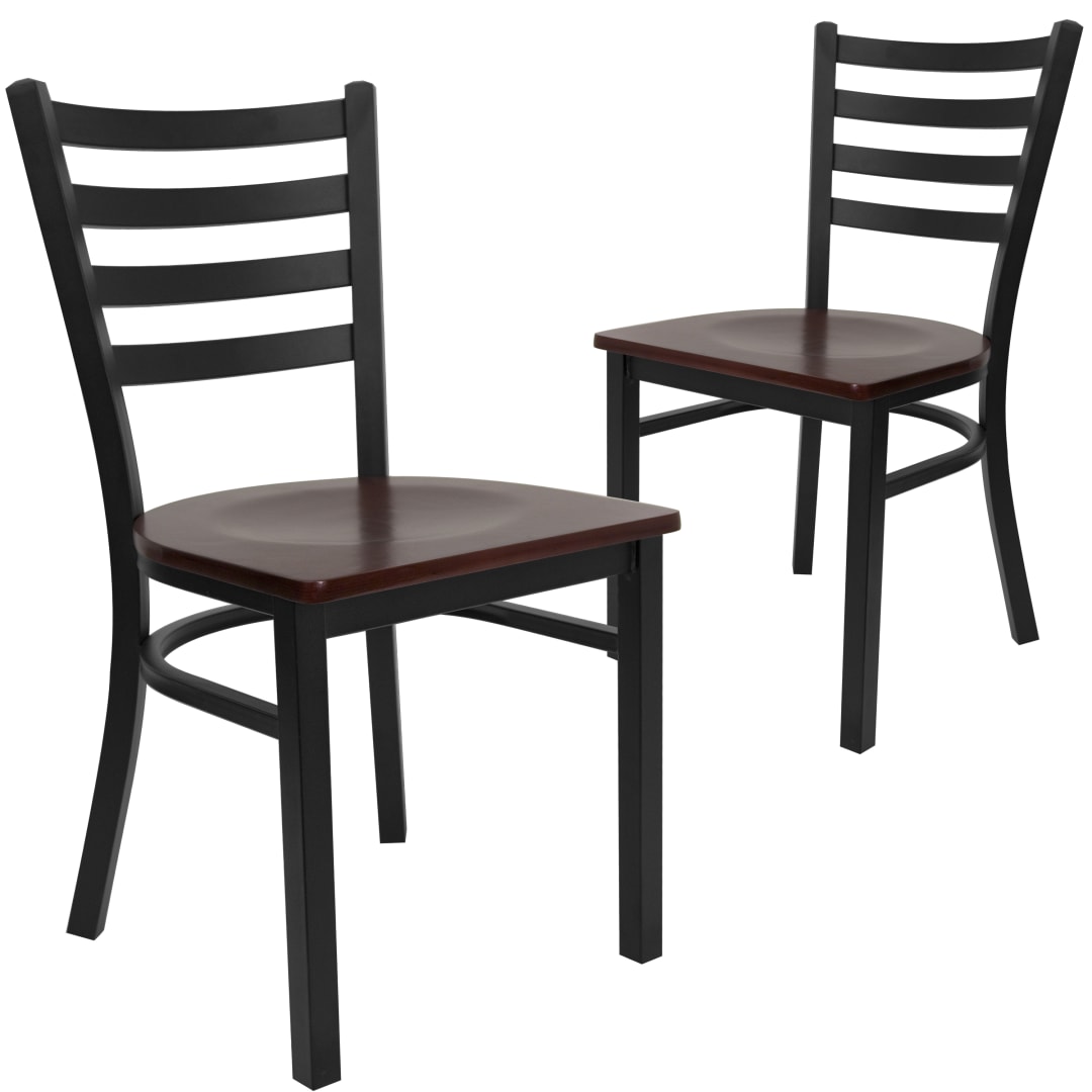 2 Pack HERCULES Series Black Ladder Back Metal Restaurant Chair - Mahogany Wood Seat