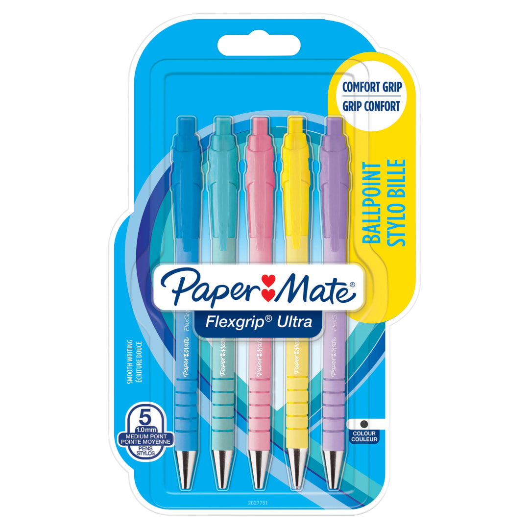 Paper Mate Flexgrip Ultra bolígrafos pastel retráctil | punta mediana (1,0 mm) | tinta negra | paquete de 5