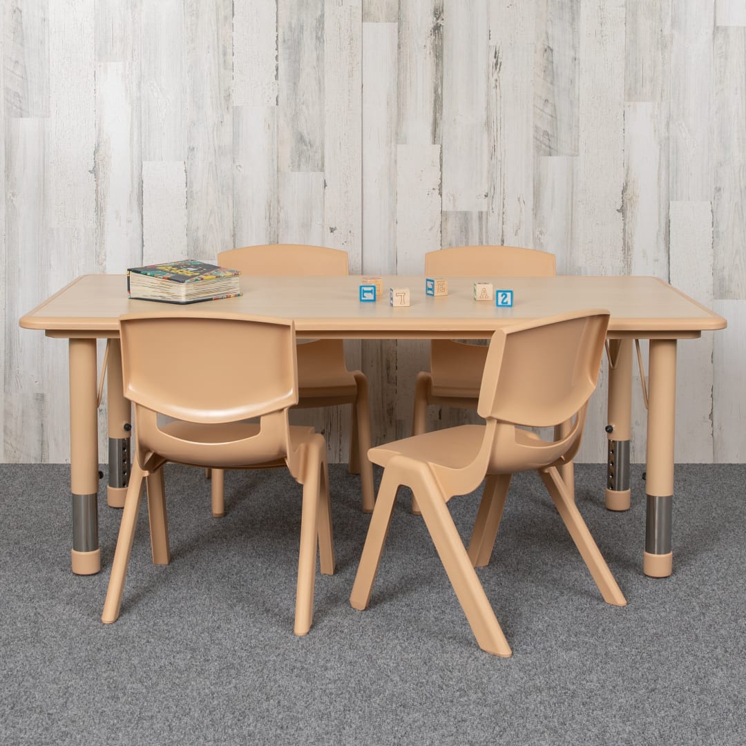 Emmy Adjustable Kids Activity Table Set – 23.6" x 47.25" Natural Plastic Table with 4 Natural Chairs – Classroom &amp; Daycare Table for Toddlers &amp; Kids