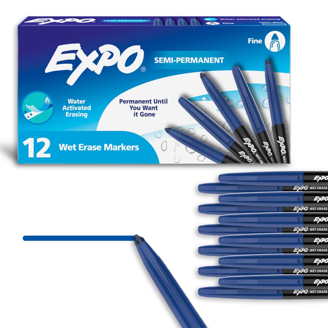 EXPO®Wet Erase Markers, Semi-Permanent Markers, Blue, Fine Tip, 12 Count