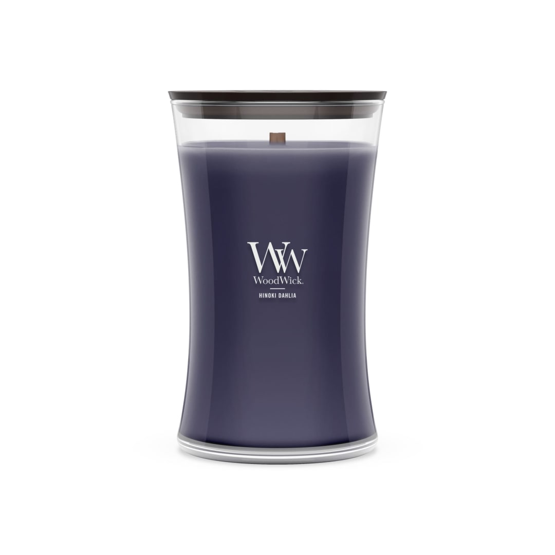WoodWick® Hinoki Dahlia Scented Large Hourglass Candle, Crackles as it Burns, Great for gifting, 21oz