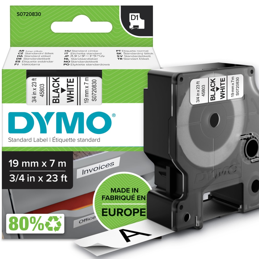 DYMO® Authentic D1 Labels | Black Print on White Tape | 19 mm x 7 m | Self-Adhesive Labels for LabelManager Label Makers | Made in Europe