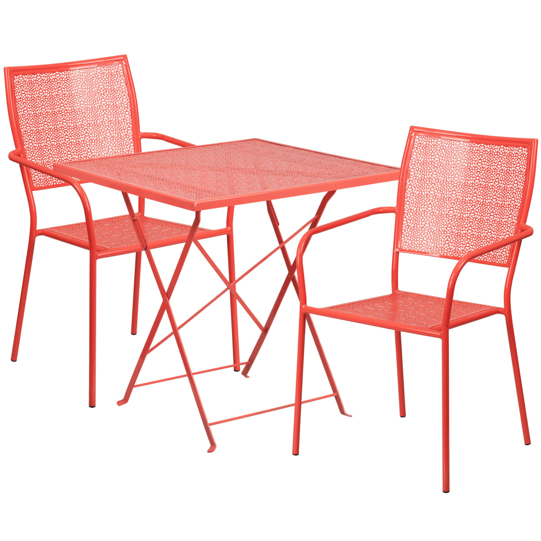 Oia Commercial Grade 28" Square Coral Indoor-Outdoor Steel Folding Patio Table Set with 2 Square Back Chairs