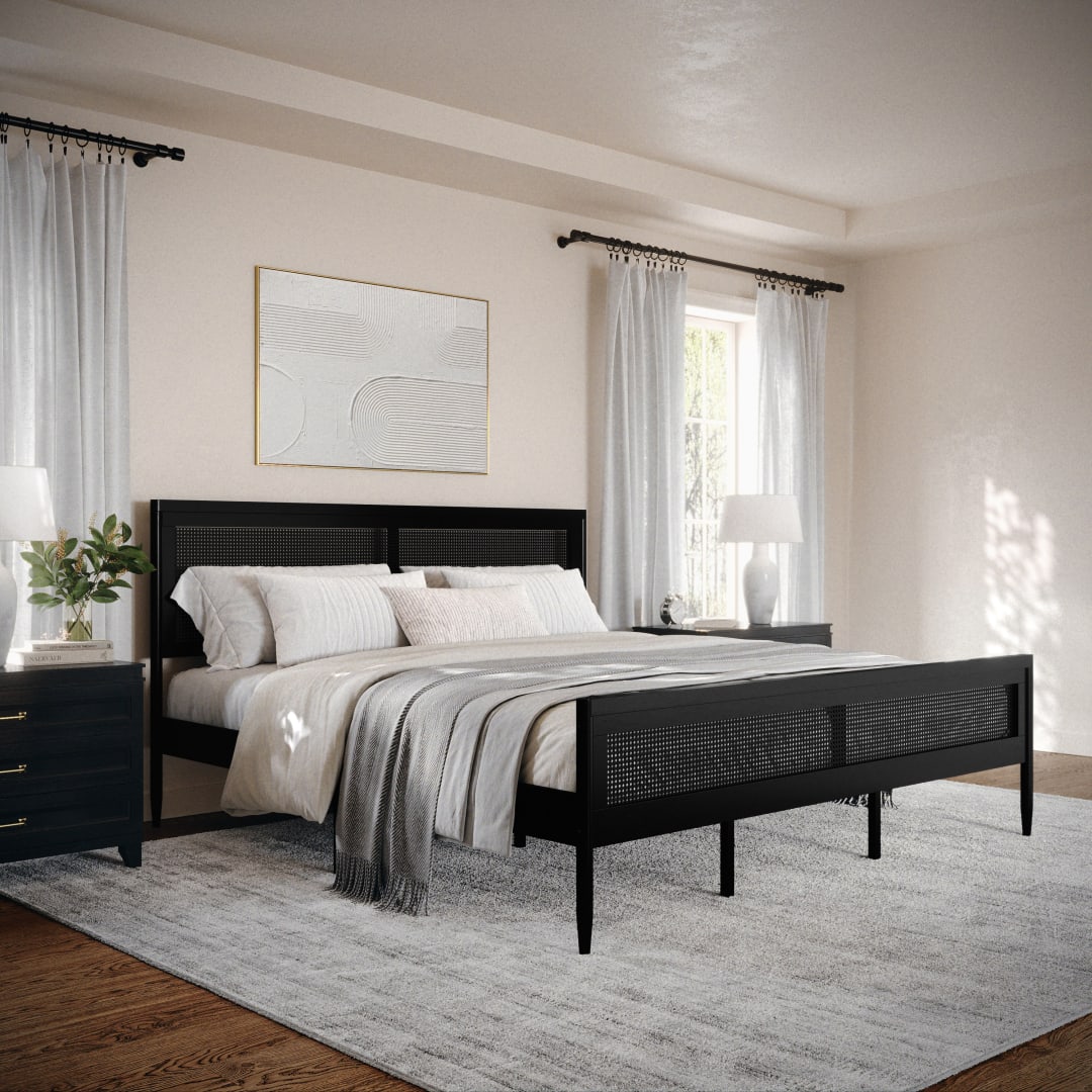 Jax King Size Solid Wood Platform Bed with Rattan Headboard and Footboard, No Box Spring Required, Black