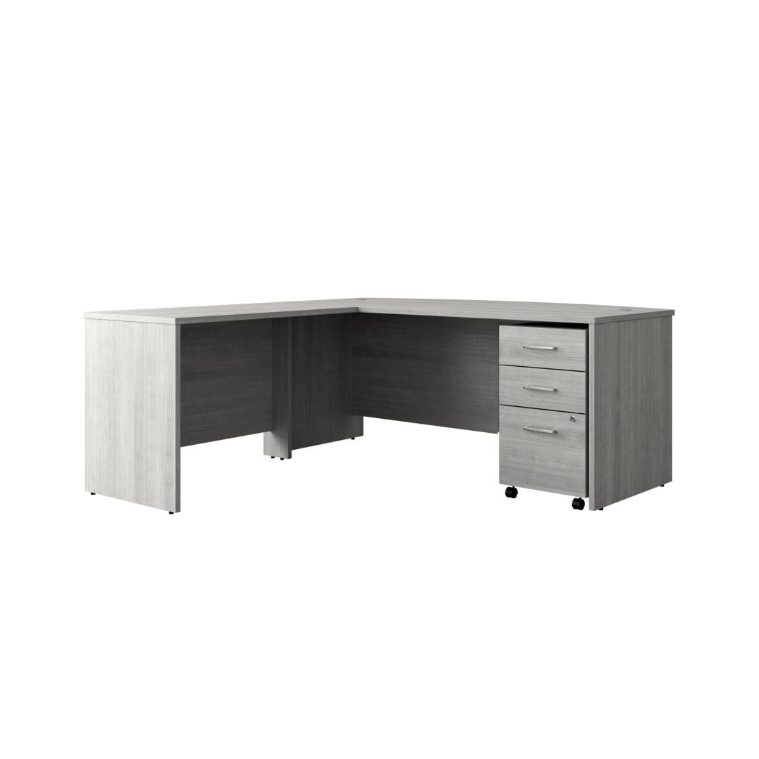 Cornerstone 71"W x 77"D Executive Bow Front L-Desk with 3-Drawer Mobile Pedestal, Slate Gray