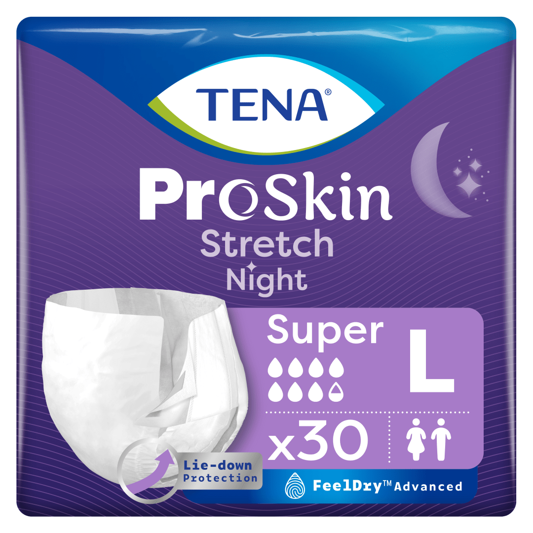 TENA ProSkin Stretch Night Super Incontinence Pull‑Up Briefs for Men &amp; Women, Moderate to Heavy Night‑Time Protection with Lie‑Down Absorption, Easy‑Fit Stretch Tabs - Large, Pack of 30