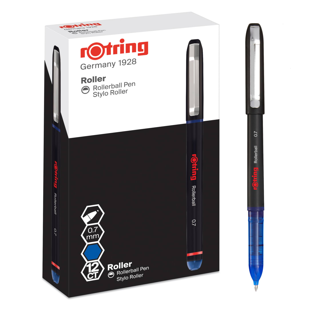 rOtring bolígrafo Roller | punta fina (0,7 mm) para una escritura limpia | tinta azul | 12 unidades