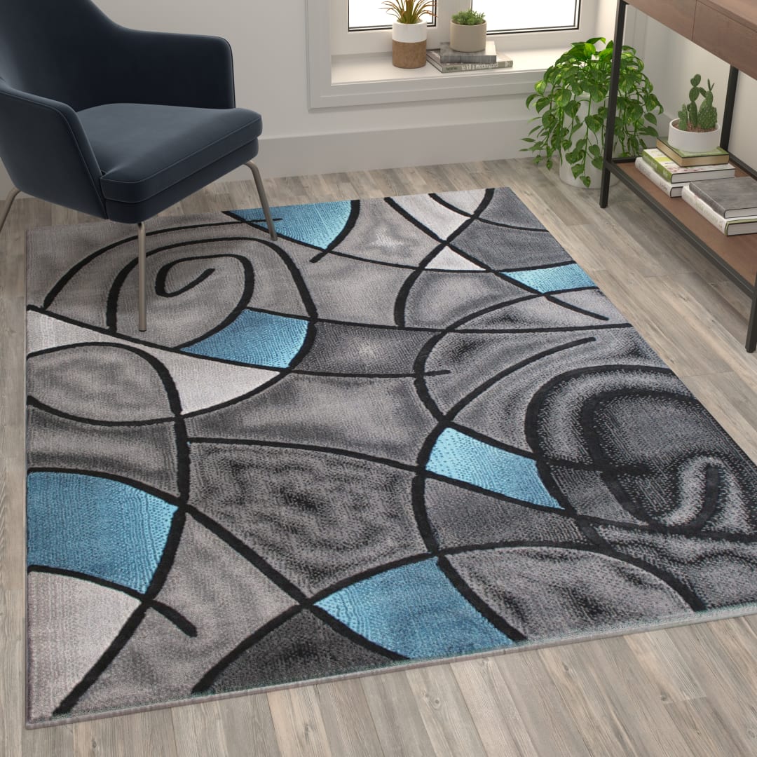 Jubilee Collection 5' x 7' Blue Abstract Area Rug - Olefin Rug with Jute Backing - Living Room, Bedroom, &amp; Family Room