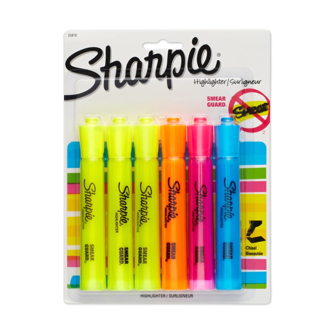 Sharpie Tank Style Highlighters, Chisel Tip, Assorted Colors, 6 Count