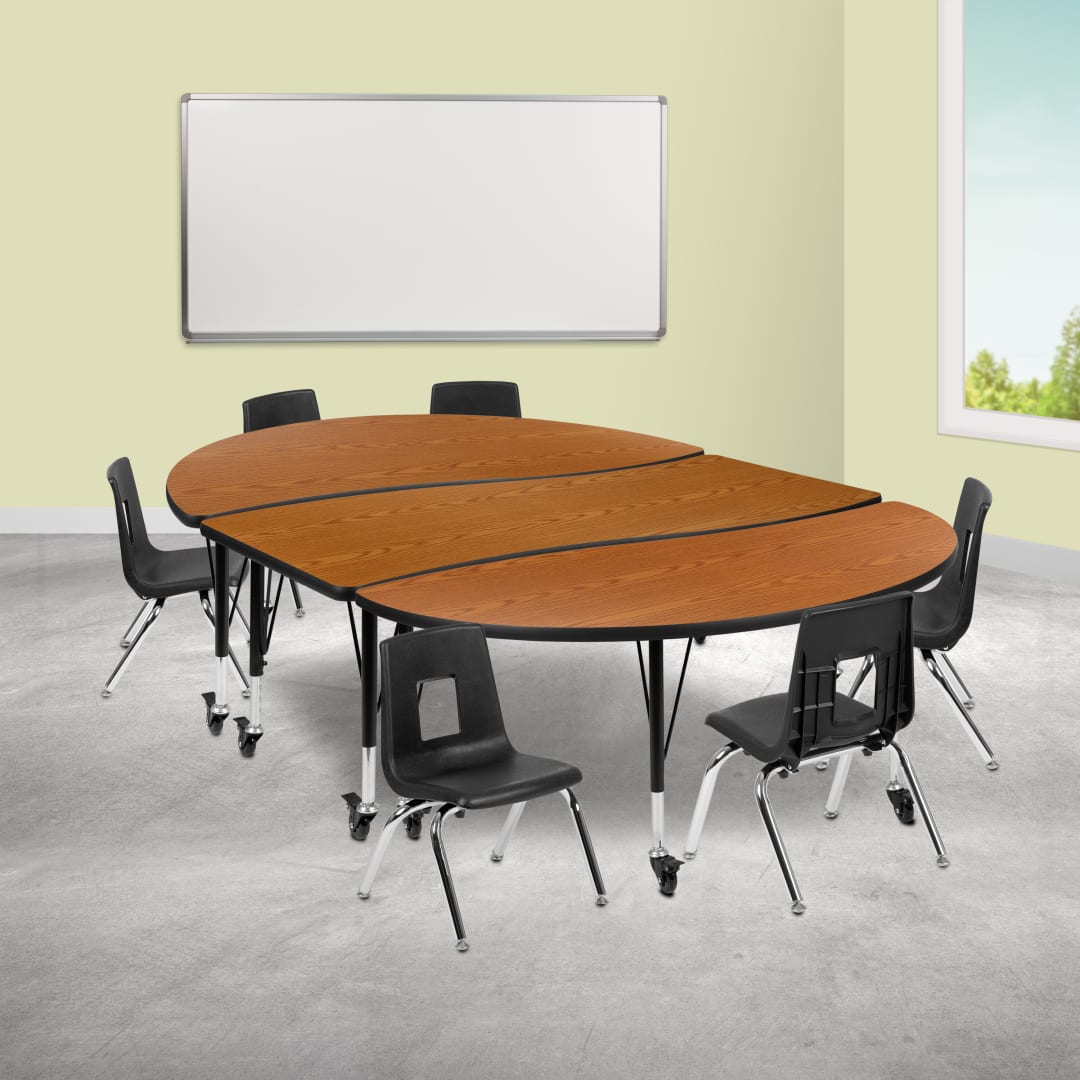 Emmy Mobile 86" Oval Wave Flexible Laminate Activity Table Set with 12" Student Stack Chairs, Oak/Black