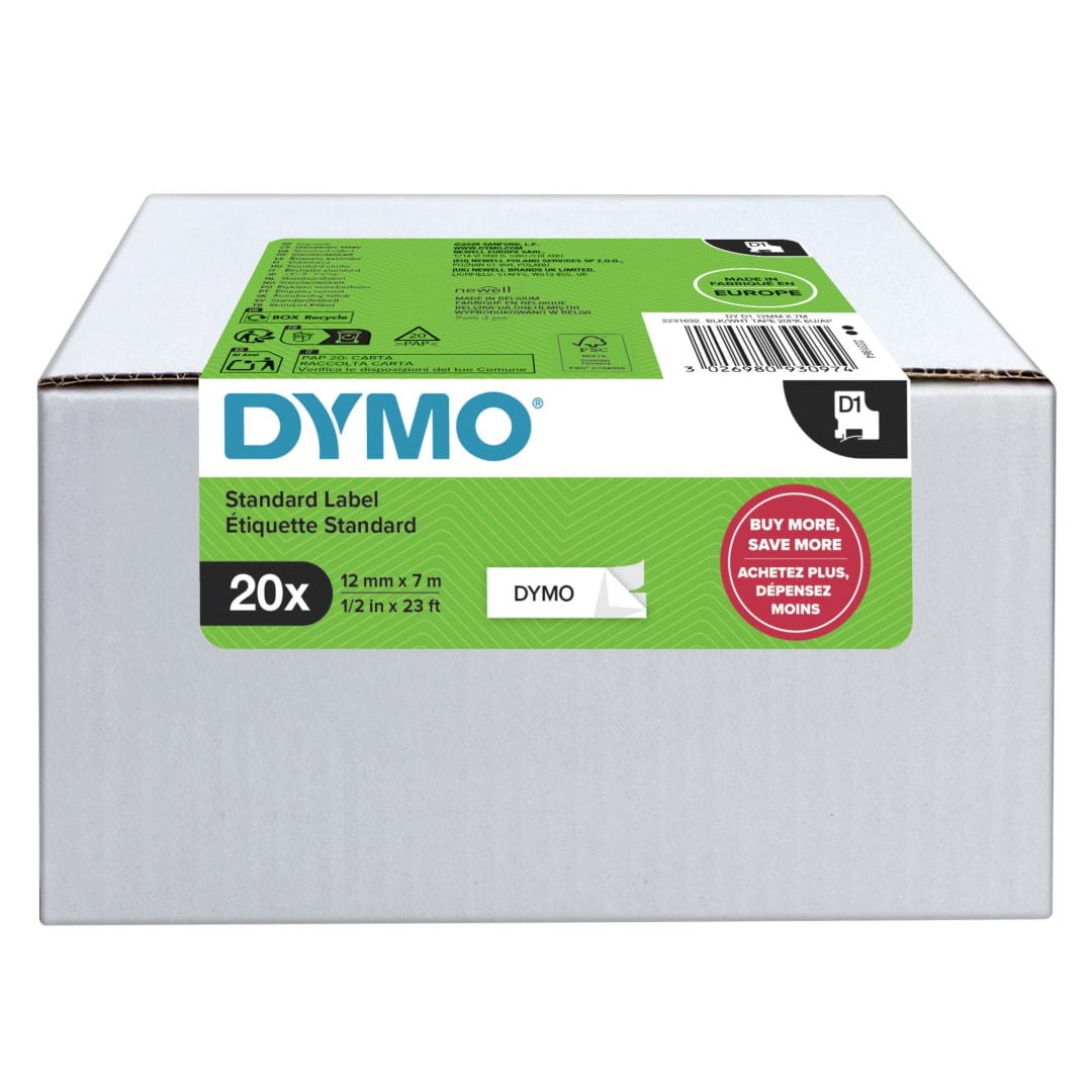 DYMO D1 BK/WHI 12MMX7M 20 PK