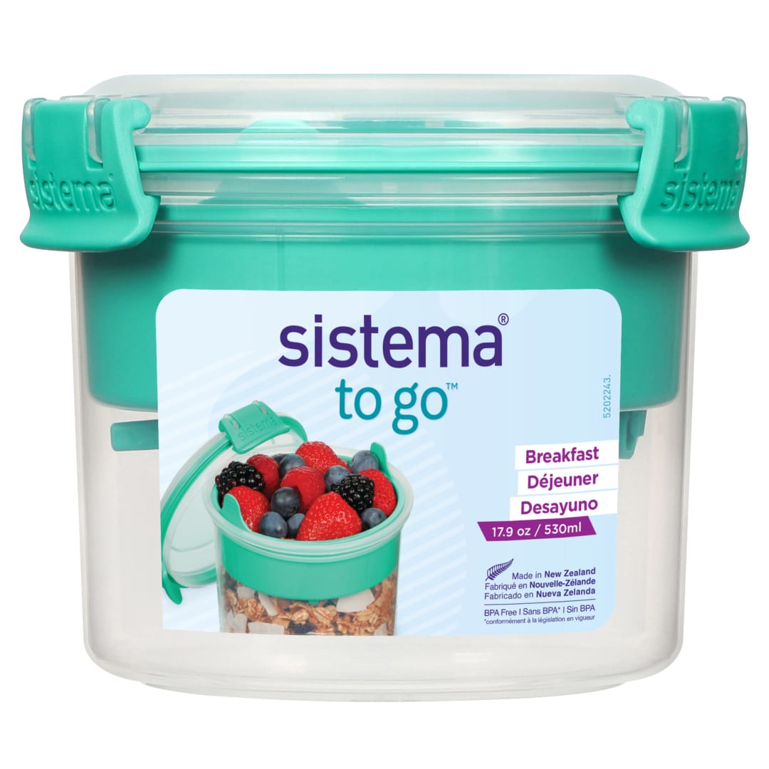 Sistema Breakfast TO GO | Recipiente para guardar alimentos con compartimentos y cuchara | 530 ml | Sin BPA | Verde azulado