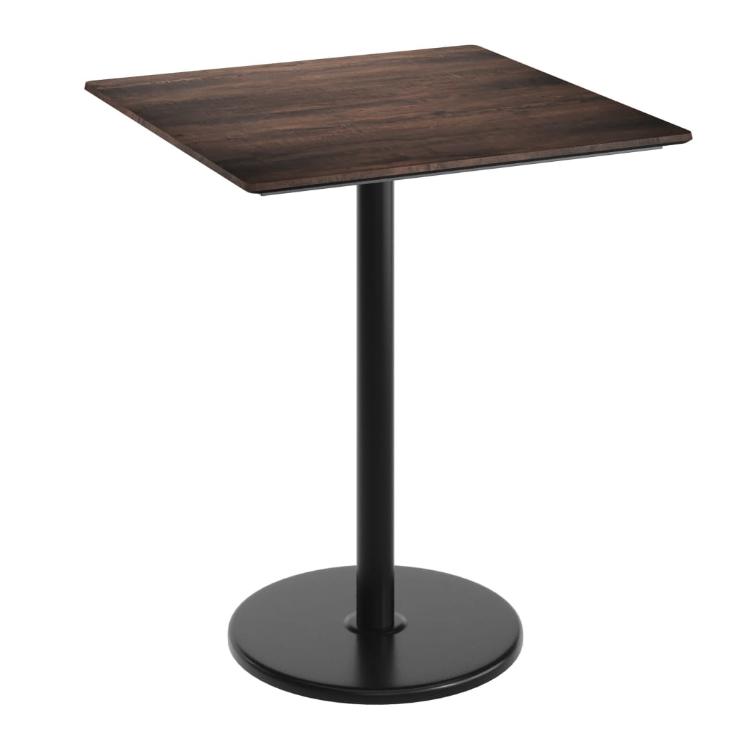 TopGuard 36" Square Tabletop, Seamless Surface Technology, Dark Brown with 24" Black Round Bar Height Base, Moisture, Scratch, Heat, UV Resistant