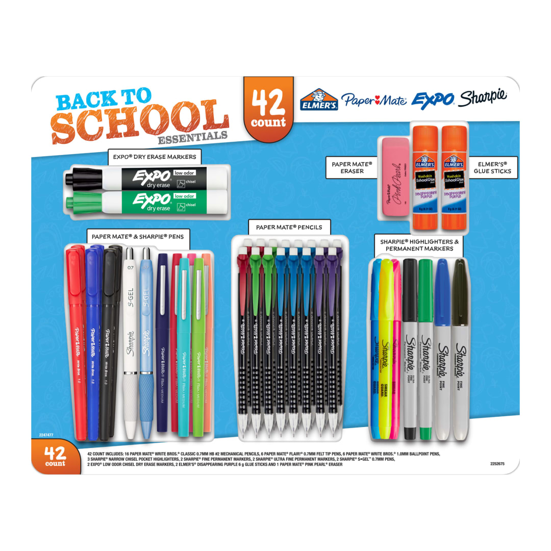 Back to School Supplies Variety Pack, Ballpoint Pens, Glue Sticks, Mechanical Pencils, Highlighters and More, 42 Count
