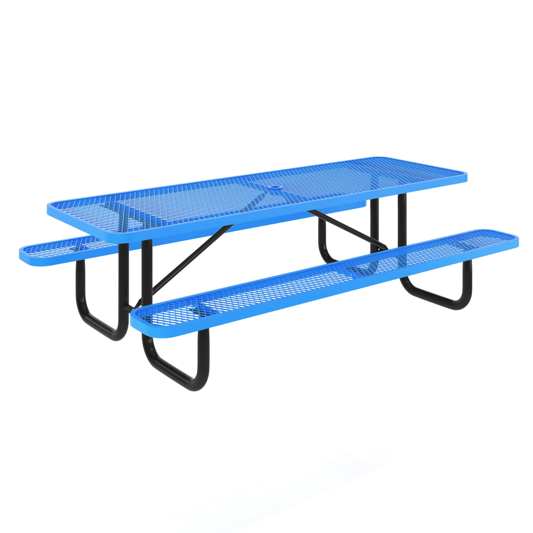 Mantilla 8' Rectangular Outdoor Picnic Table with Commercial Heavy Gauge Expanded Metal Mesh Top and Seats and Steel Frame in Blue